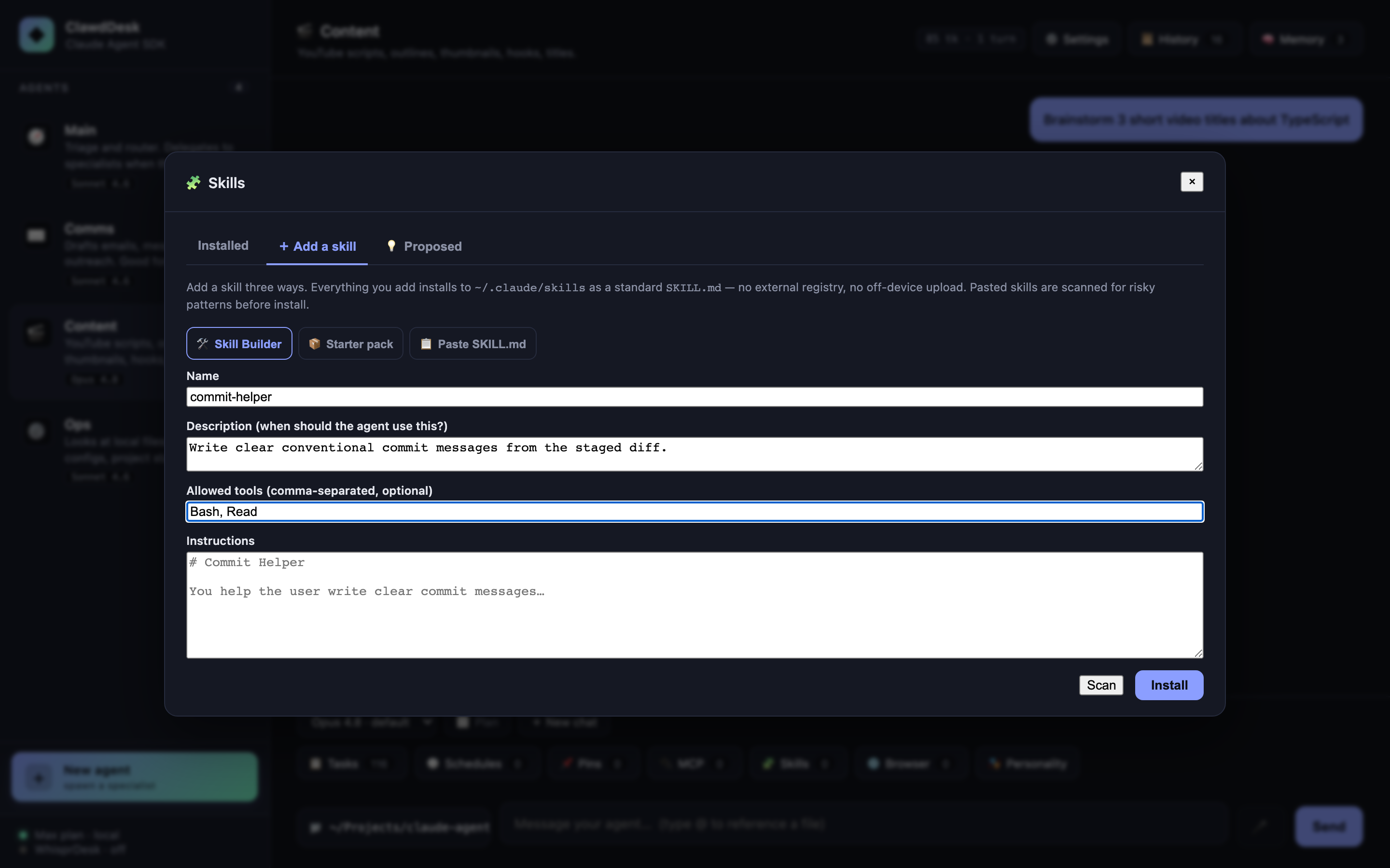 Skills Studio: Build, install, and scan Skills per agent, all on your machine.