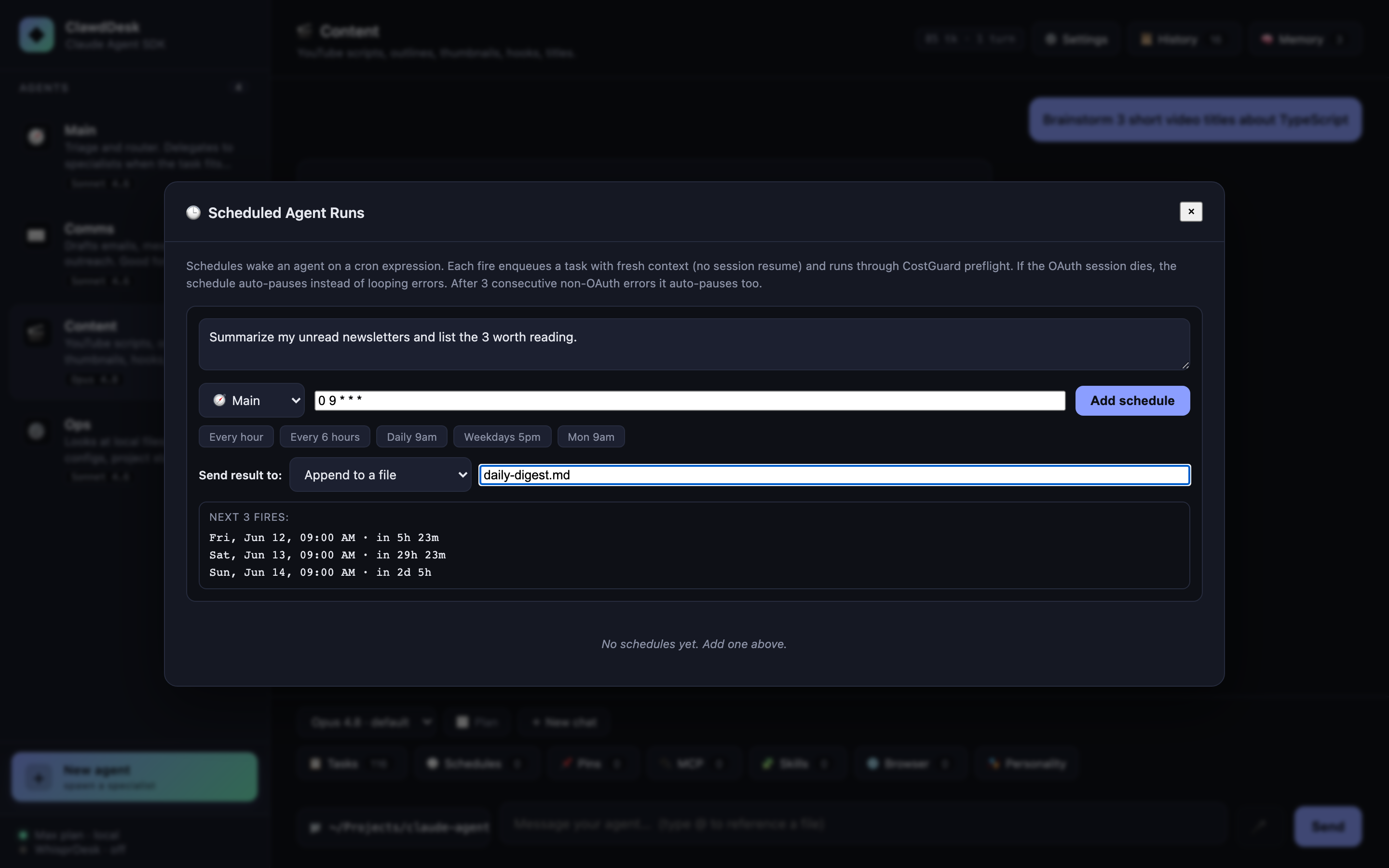 Scheduler destinations: Cron runs that report to the app, a file, or Telegram, with run history.